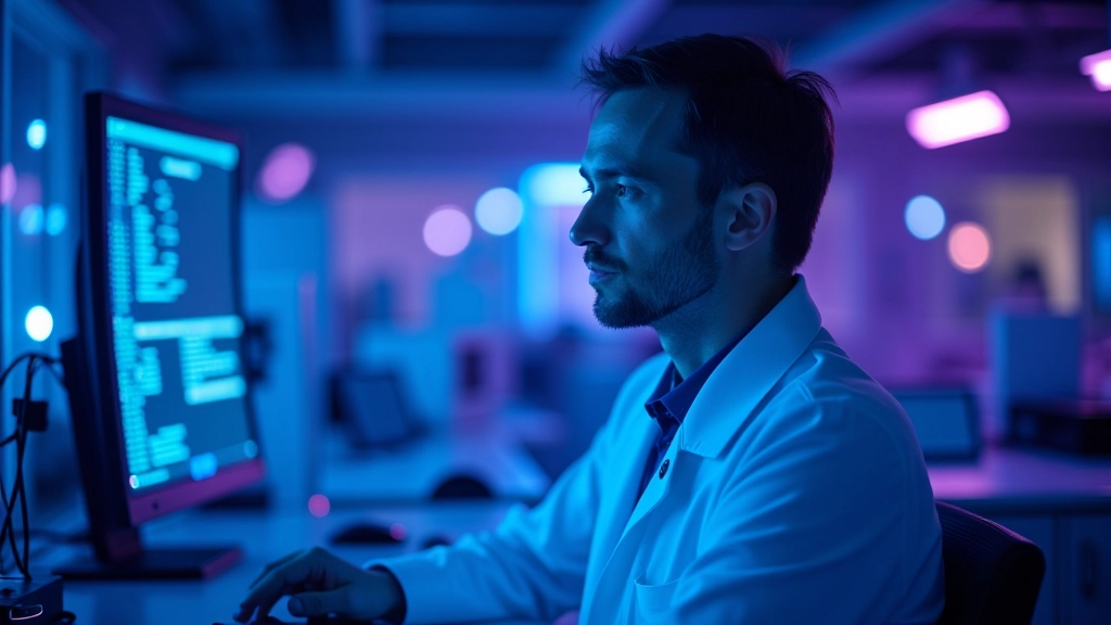 Ateities technologijos koncepto vizualizacija su kvantinių kompiuterių ir moksliniais tyrimais