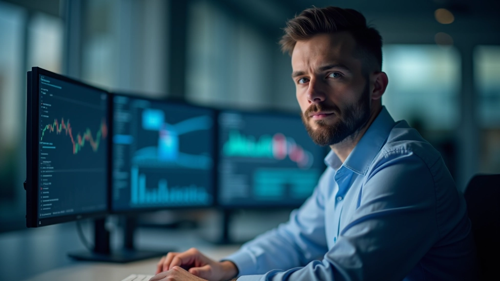 Finansų analitiko stalas su keliomis ekranais rodančiais grafikus, duomenų analitika, biuro aplinka