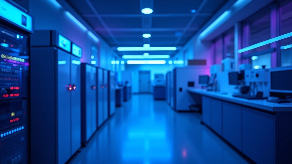 Modernus laboratorijas su kvantiniais kompiuteriais ir šviesiais ekranais