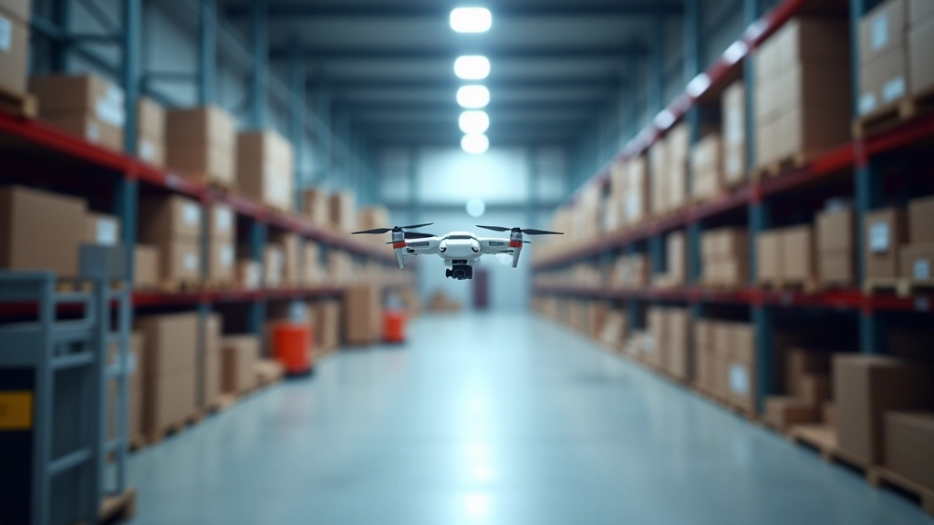 Logistikos centro su transporto sistemomis ir automatizacija, dronai ir robotai, efektyvus darbas