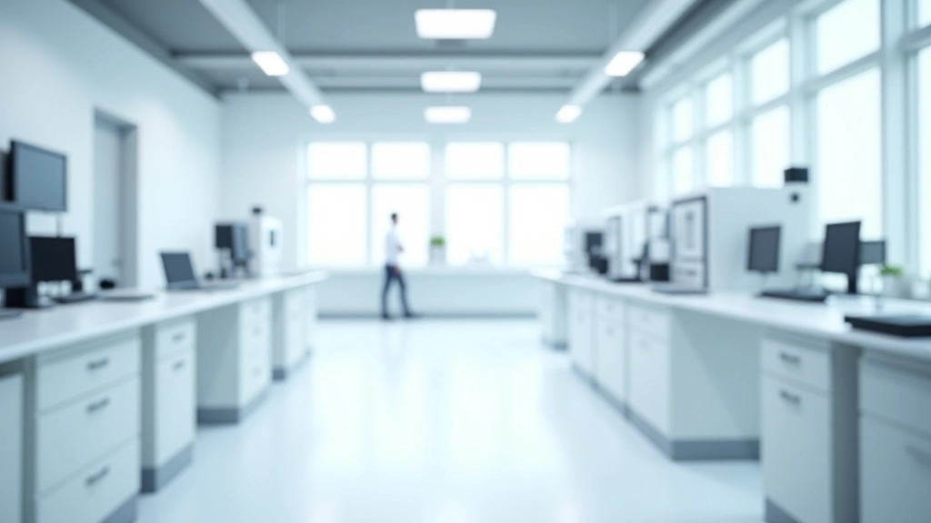 Modernus kvantinės laboratorijos interjeras su šviesiais baldais ir kompiuterine apranga