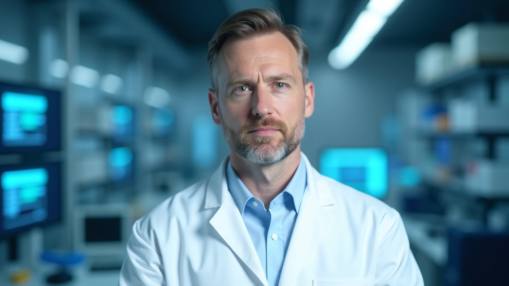 Mokslininkas baltame laboratoriniame chalate prie kvantinio kompiuterio aparatūros