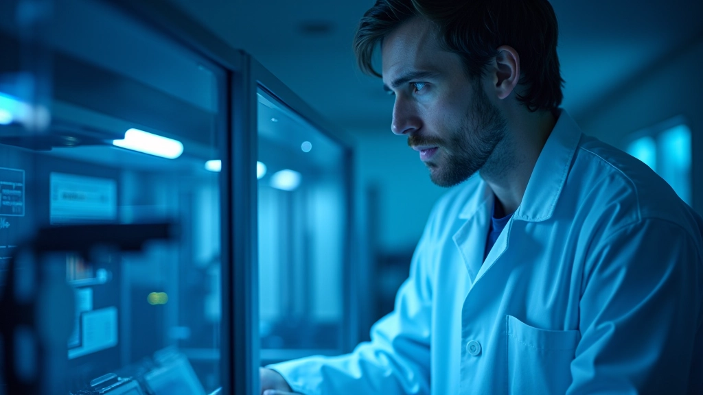 Mokslininkas prie kvantinio kompiuterio laboratorijoje su mėlynu švietimu