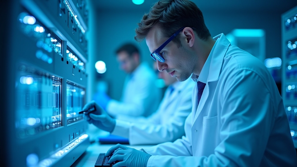 Mokslininkai darbe su kvantinio kompiuterio aparatūra laboratorijoje